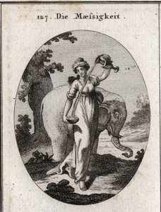 Allegory of temperance. Its attributes are water and wine mixtures together, as well as the elephant, animal always eating the same amount of food without excess. Engraving in 