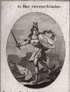 Allegory of the Iron Age characterized by violence, bad faith, and treason. Of fierce appearance, she is armed with a helmet in the head of a wolf, holds a sword and a shield where fraud and vice are represented (siren and snake with human faces). by Austrian School