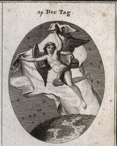 Allegory of the Day Flying Quickly and Hiding the Night and the Stars Using a Bright Large Veil. Engraving in Iconologie oder Ideen aus dem Gebiete der Leidenschaften und Allegorien bildich dargestellt fur Zeichner, Mahler, Dichter, Gelehrte, Erzieher u by Austrian School