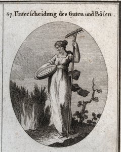Allegory of the distinction between good and bad. The sieve separates the good grain from the chaff and the rake is used to remove weeds. Engraving in 