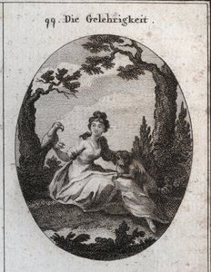 Allegory of docility. His attributes are the parakeet and the little dog because of their obedience and desire to please. Engraving in 