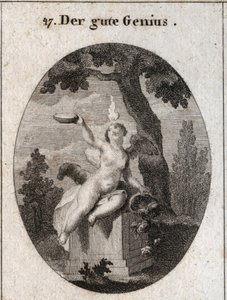 Allegory of the Favorable Genius under the figure of a child with wings and a small flame on his head, sitting on an altar in the shade of a plane tree. The horn of abundance means that it fills men with his favours. The father is a symbol of religious fee by Austrian School