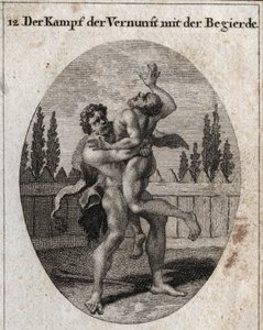 Allegory of the Fight of Reason and Appetite. The earthly and carnal appetite is depicted by Ante and Hercules (Heracles) symbolizes reason, strength and courage that takes away and stifles Ante. Engraving in 