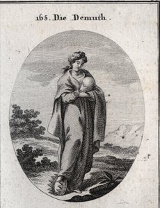 Allegory of humility. Under his foot, a crown of gold enriched with precious stones. She disdainfully considers a ball representing the earth of which she misses the grandeur. Engraving in “Iconologie oder Ideen aus dem Gebiete der Leidenschaften und Alleg by Austrian School