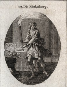 Allegory of the invitation as a young man with a laughing face inviting to a table covered with dishes. The torch he holds is the attribute of Comus, god of feasts and night parties. Engraving in 