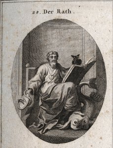 Allegory of the Representative Council with a gold chain and a heart, emblem of sincerity. The book and the owl symbolize the penetration of knowledge through study. The mirror surrounded by the snake is the symbol of caution. The dolphin he stops with his by Austrian School