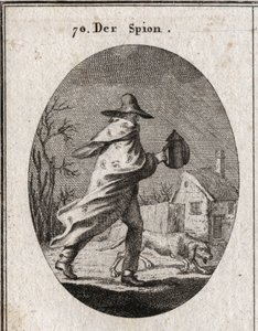 Allegory of the Spy. His coat is strewn with eyes and ears and holds a deaf lantern. A brque dog smells the terrain. Engraving in 
