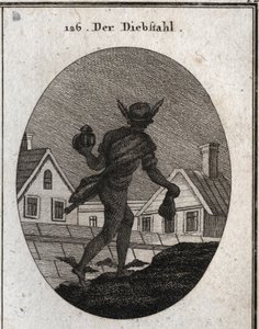 Allegory of theft represented by a man walking in the night with a deaf lantern and a purse in his hands. The wings on his feet show he