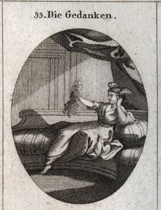 Allegory of Thoughts represented with wings at the head and holding a bunch of tangled threads, an image of the embarrassment that various thoughts give. Engraving in 
