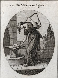 Allegory of tribulation. She holds a heart on an anvil and beats it with a small flower to mark that tribulation takes away all that is rude and unclean. Engraving in 