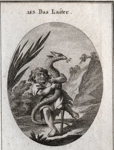 Allegory of vice represented by a dwarf squeezing a hydra. Engraving in “Iconologie oder Ideen aus dem Gebiete der Leidenschaften und Allegorien bildich dargestellt fur Zeichner, Mahler, Dichter, Gelehrte, Erzieher und freunde Hoherer Geschmacksbildung” by Austrian School