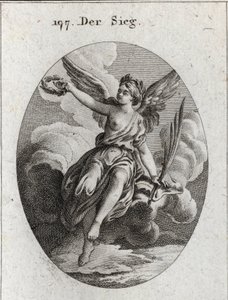 Allegory of Victory. She Has Wings and Holds a Palm and a Laurel Wreath. Engraving in 