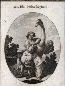 Allegory of Voracity. The Ostrich is the Attribute of Greed; We Add a Lean and Hungry Wolf for Greater Voracity. Engraving in 