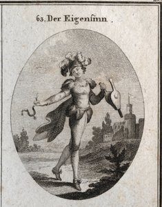 Allegory of whim. His costume and feathers mark the inconstancy of the fantasies of the capricious. The bellows and spur he holds show that he praises both virtue and vice indifferently. Engraving in 
