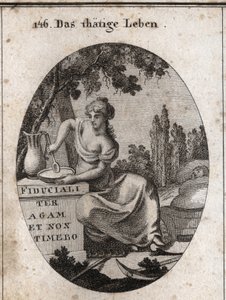Allegory of Working Life Sitting in the Shade of a Vine. She is Represented Preparing to Eat in a Pond and Rocking with Her Foot a Child. Ploughing Instruments Are Placed Beside Her. Engraving in 
