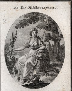 Clemency allegory. She is represented holding a spear and an olive branch to indicate that she has the power to punish but also to forgive. The lion is the attribute of generosity. Engraving in “Iconologie oder Ideen aus dem Gebiete der Leidenschaften un by Austrian School