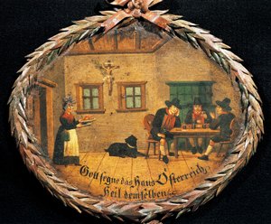 Customers sitting at table in inn and waitress, oval sign for inn, Austria by Austrian School
