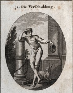 Debt allegory. The hare and the cap (green) he holds, as well as the chain attached to the ruined column, are the emblems that indicate that the debtor is always afraid that the insolvent will cause him to lose his honour or his freedom. Engraving. by Austrian School