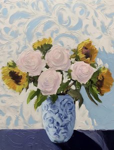 Roses and Sunflowers in Blue Vase
