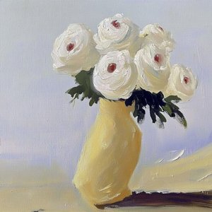 White Blooms Yellow Vase by Avanesova Elena