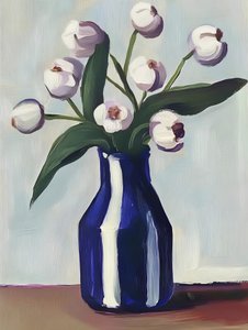 White Flowers Blue Vase