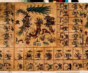 Representation of Aztec deities and boxes corresponding to the calendar. Page of the Aztec manuscript on bark 