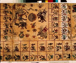 Representation of Aztec deities and boxes corresponding to the calendar. Page of the Aztec manuscript on bark 