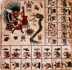 Representation of Quetzalcoatl and Tezcatlipoca, Aztec deities and boxes corresponding to the calendar. Page of the Aztec manuscript on bark 