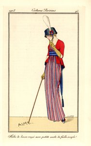 Woman in Striped Linen Dress and Vest in Soft Ribbed Silk or Faille