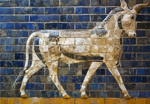 A bull, (detail) from glazed brick tiles depicting mythological animals that adorned the Processional Way to the Ishtar Gate in Babylon during the reign of Nebuchadnezzar II (604-562 BC). Babylonian civilization, 7th -6th century BC by Babylonian