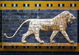 A lion (detail), glazed brick tiles depicting mythological animals that adorned the Processional Way to the Ishtar Gate in Babylon during the reign of Nebuchadnezzar II (604-562 BC) by Babylonian