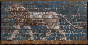 The Processional Way of Babylon erected under the rule of Nebuchadnezzar II (605-562 BC): detail of the Ishtar Gate depicting a Mosaic lion of bricks. Babylon - Archeological Museum Istanbul by Babylonian
