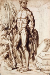 Hercules Turned to the Left, Leaning on his Club, Holding Drapery, by the Ruins of a Temple
