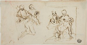 Two Composition Sketches of Collapsing Figure Supported by Two Other Figures (recto); Compositional Sketch of Kneeling Figure Accompanied by Two Other Figures by Baldassare Franceschini