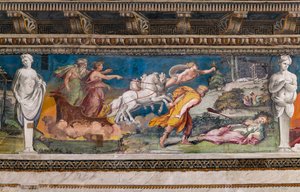 Procris Impaled by the Never Erring Javelin, Cephalus Running Towards Her and Aurora and Titone on a Chariot Pulled by Four Horses by Baldassarre Peruzzi