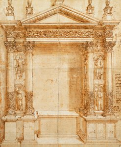 Design for an Altar with a Pedimented Tabernacle Supported on Paired Corinthian Statues of Saint Lucy, Saint Agnes, Saint Ansanus and Saint Stephen in Niches Between These by Baldassarre Peruzzi