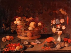 A Still Life of Peaches, Apples and Grapes in a Wicker Basket, Flowers in a Chinese Vase and Two Parrots on a Table by Balthasar van der(follower of) Ast