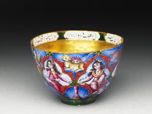 Lidded bowl, saucer and spoon with astrological decoration