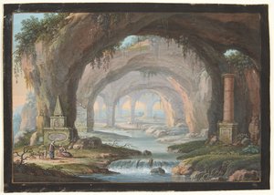 Landscape with Broken Caves, Tomb Monuments, a River and Figures by Barbara Dietzsch