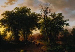 Travellers on a Path at Sunset