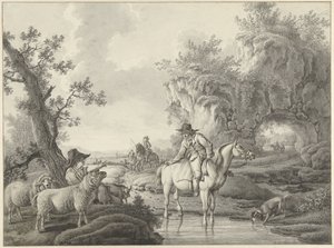 Landscape with a Shepherd and a Rider by a Pool by Barend Hendrik Thier