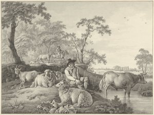 Shepherd with Sheep, a Goat, and a Young Bull in a Landscape by Barend Hendrik Thier