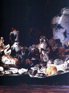 Exotic Still Life with Monkey and Chinese Porcelain by Barend or Bernardus van der Meer