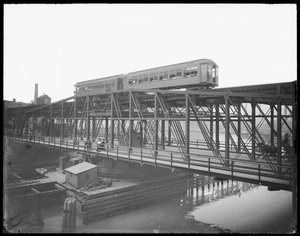 Elevated Train Crossing Wells Street Bridge, Chicago, Illinois, USA, c.1905 by Barnes and Crosby