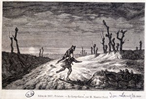 Werewolf attacking a man - from painting by Maurice Sand exhibited at the Salon of 1857 by Baron Dudevant Jean Francois Maurice (after) Sand
