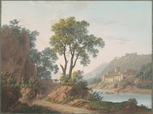 River Landscape with Castles and Travelers by Baron Louis Albert Guillain Bacler d