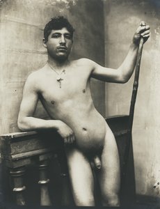 Nude Male with Staff and Crucifix Necklace by Baron Wilhelm von Gloeden