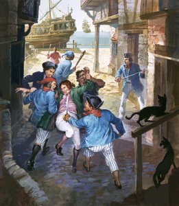 Roderick Random being pressganged and carried towards a ship
