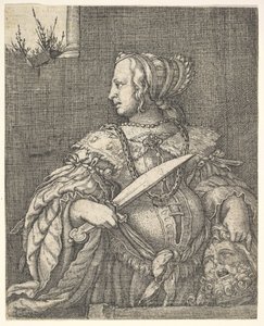 Judith, half-length and in profile to the left, a sword in her right hand and the head of Holofernes
