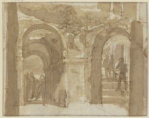 Ancient Vault with Stairs and Several Figures, Above Floats Mary with Angels by Bartholomeus Breenbergh